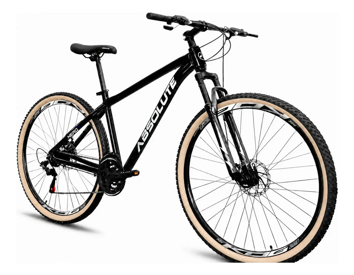 Bicicleta Absolute preta com pneus de faixa clara